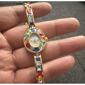 New Gold Tone 20mm Women Dainty Watch Colorful Rhinestone Quartz Gift Her Fit 8‎